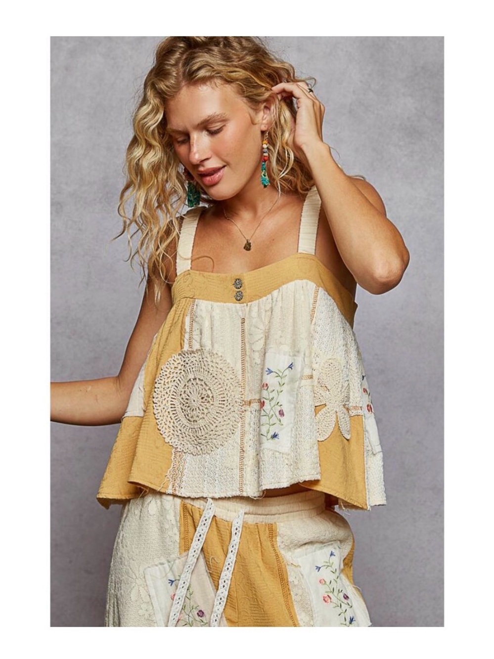 POL “Rayna" Double Gauze
Patchwork Top Ivory Honey NWOT